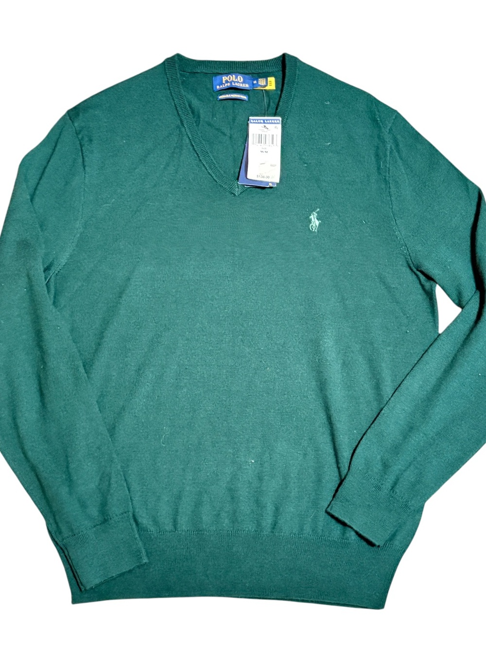 Polo Ralph Lauren NWT Men’s M Green Washable Merino Wool V-Neck Sweater $138